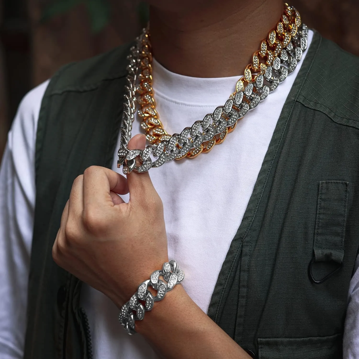 Chains for Men Gold with Diamonds Iced Out 20mm Cuban Link 18k Real Gold/White Gold Plated Bracelet Necklace Handmade 7" 8" 8.7" 16" 18" 20" 22" 24" 30" 35" Birthday Gift Party Jewelry