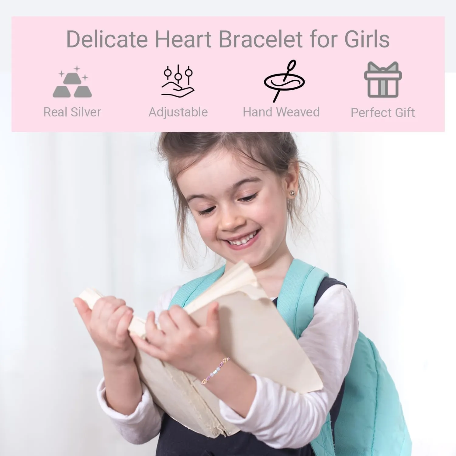 Charm Bracelet - Sterling Silver Heart Adjustable Handmade Kids Bracelet for Toddler 4-15 Year Old - Jewelry Gift for Birthday