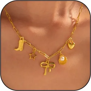 Charm Necklace for Women Summer Beachy Seashell Necklaces Dainty Gold Paperclip Chain Necklace Trendy Heart Star Bow Shell Charm Necklaces Beach Jewelry for Women Summer Vacation