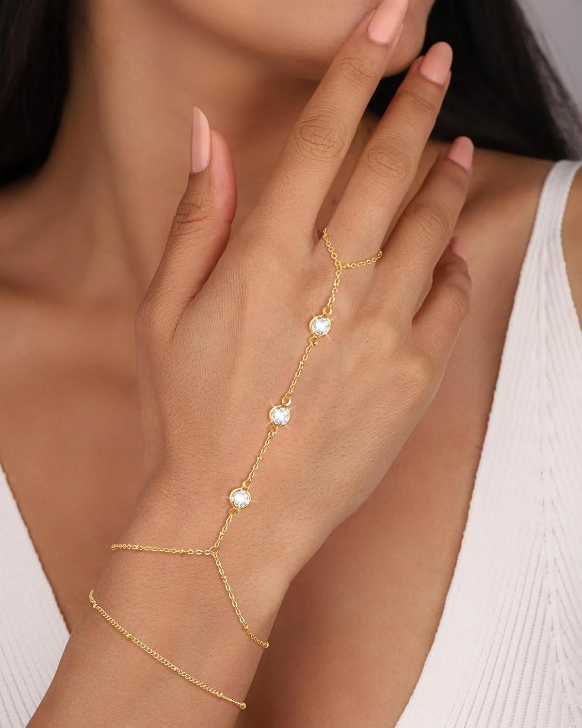 CHESKY 2Pcs Hand Chain Bracelet for Women, Dainty 14k Gold Plated Ring Bracelets Hand Chain Non Tarnish Simple Cuff Evil Eye CZ Bracelets Adjustable Nail Bracelet Gold Hand Jewelry for Women
