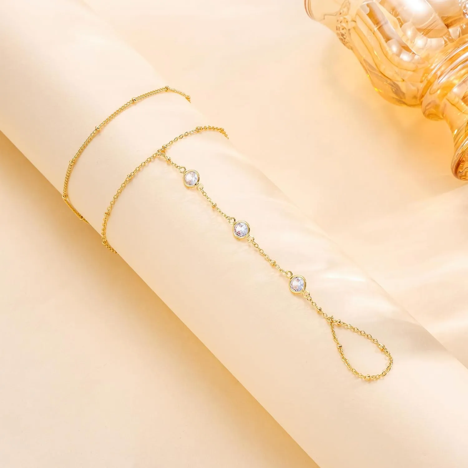 CHESKY 2Pcs Hand Chain Bracelet for Women, Dainty 14k Gold Plated Ring Bracelets Hand Chain Non Tarnish Simple Cuff Evil Eye CZ Bracelets Adjustable Nail Bracelet Gold Hand Jewelry for Women