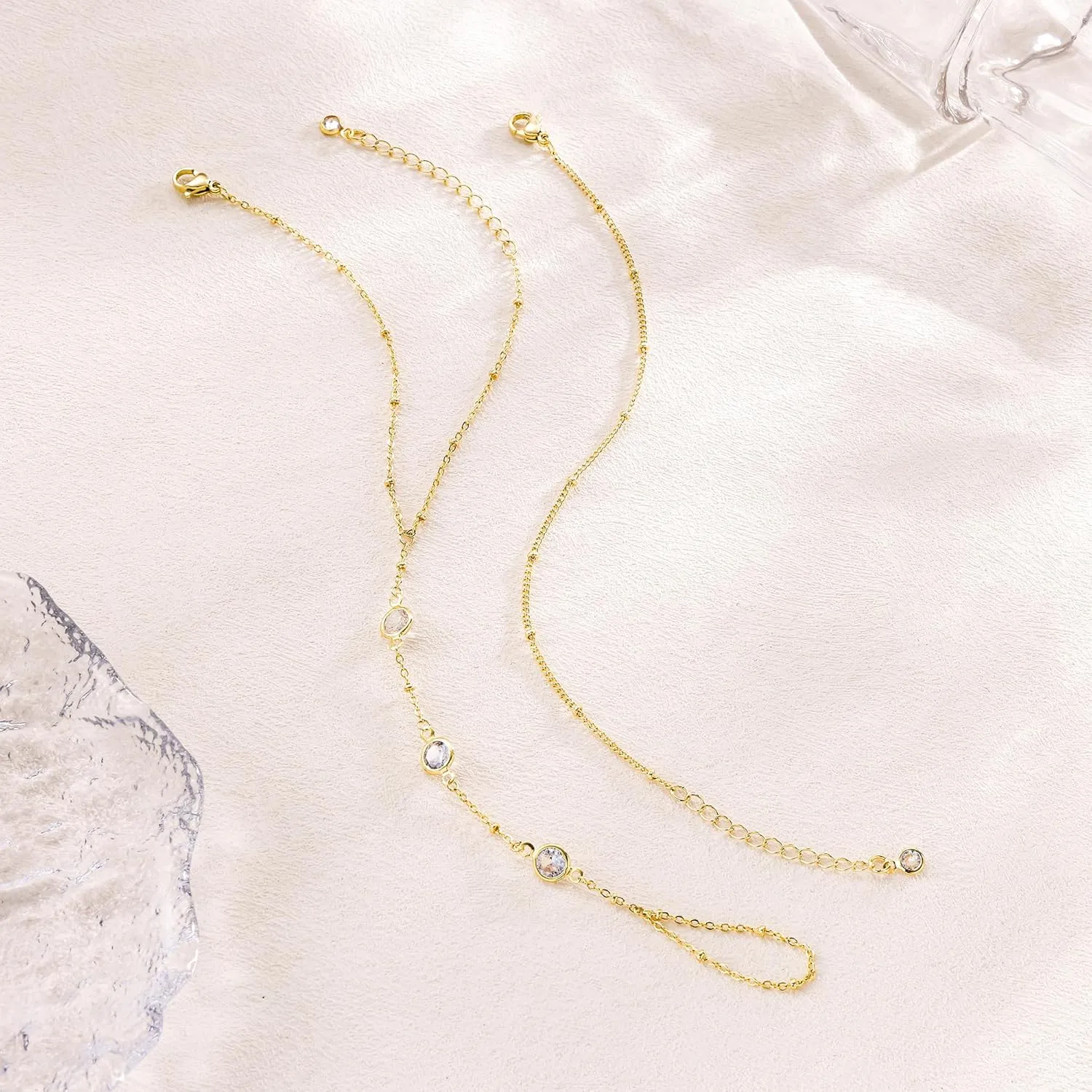 CHESKY 2Pcs Hand Chain Bracelet for Women, Dainty 14k Gold Plated Ring Bracelets Hand Chain Non Tarnish Simple Cuff Evil Eye CZ Bracelets Adjustable Nail Bracelet Gold Hand Jewelry for Women