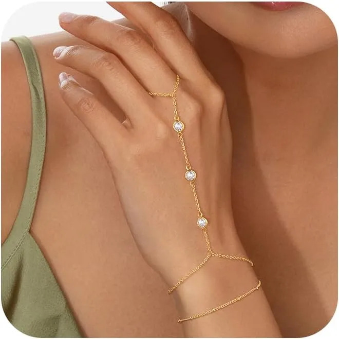 CHESKY 2Pcs Hand Chain Bracelet for Women, Dainty 14k Gold Plated Ring Bracelets Hand Chain Non Tarnish Simple Cuff Evil Eye CZ Bracelets Adjustable Nail Bracelet Gold Hand Jewelry for Women