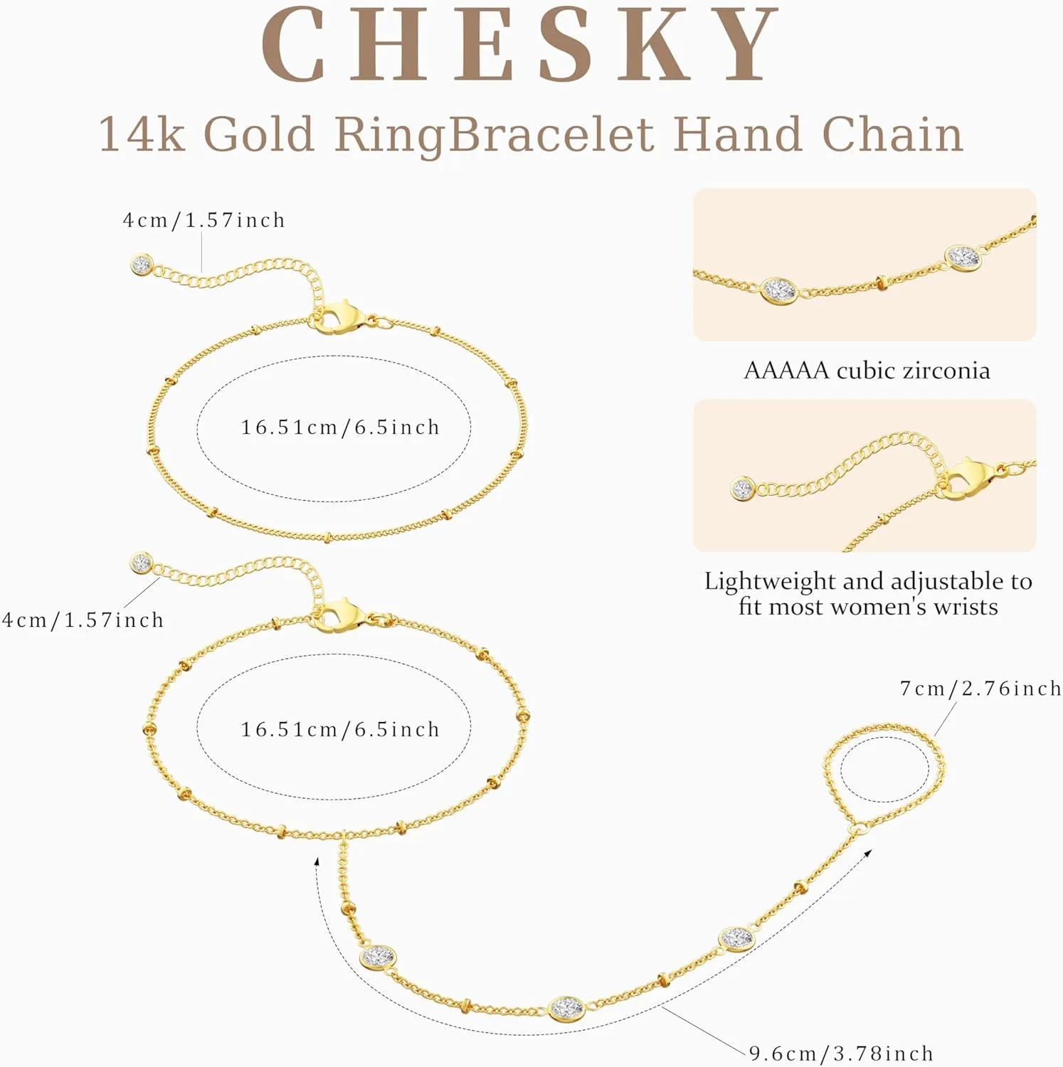 CHESKY 2Pcs Hand Chain Bracelet for Women, Dainty 14k Gold Plated Ring Bracelets Hand Chain Non Tarnish Simple Cuff Evil Eye CZ Bracelets Adjustable Nail Bracelet Gold Hand Jewelry for Women