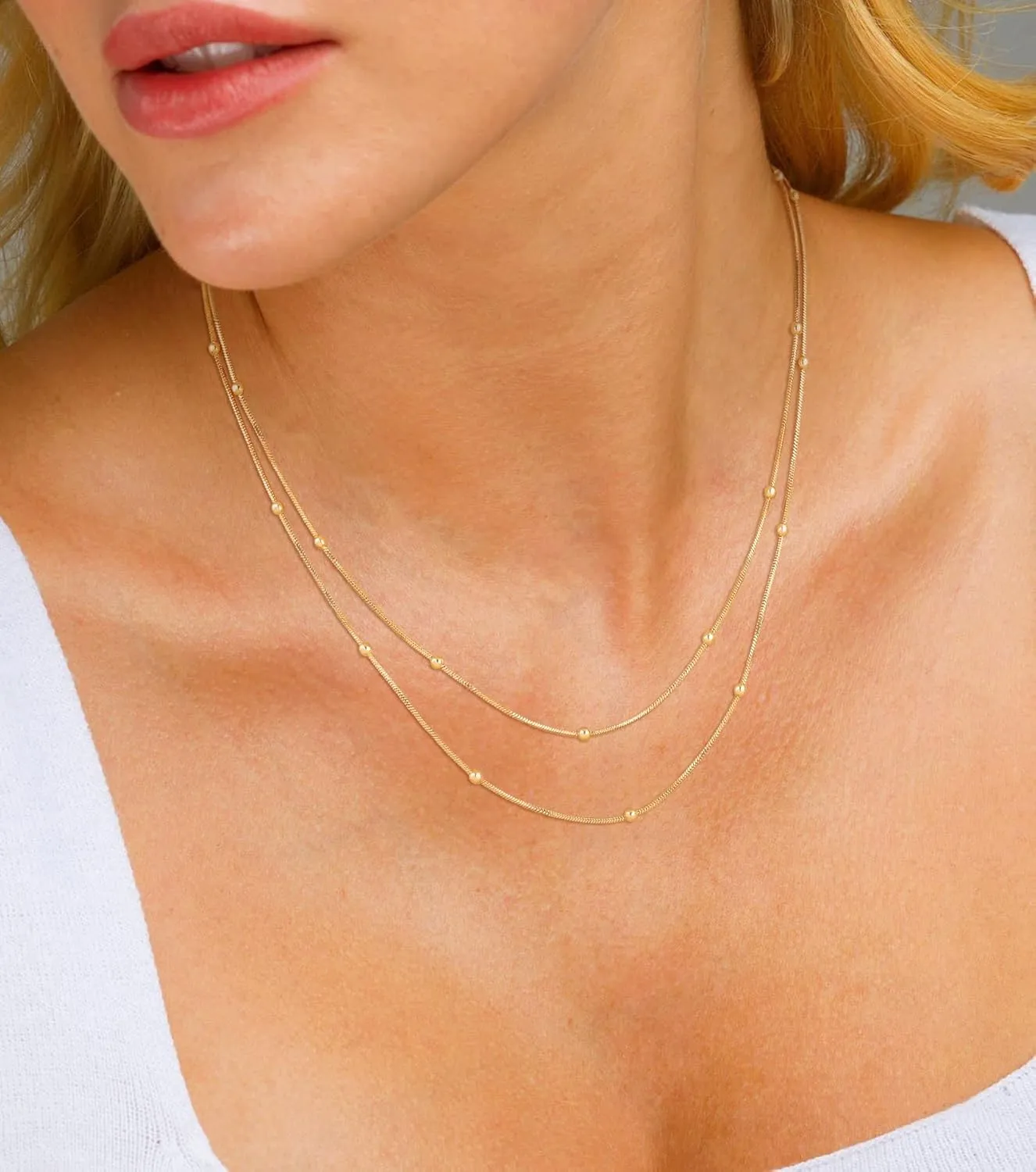 CHESKY Dainty Gold Necklace for Women, Trendy 14k Gold Plated/Sterling Silver Satellite Choker Necklace Thin Beaded Layered Choker Necklaces Discs Paperclip Chain Necklaces Womens Simple Jewelry Gift