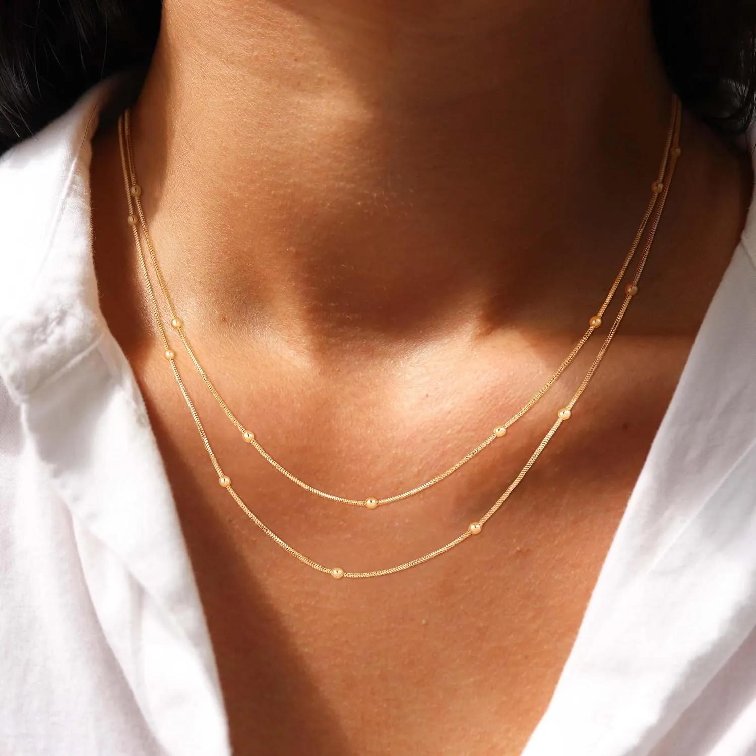 CHESKY Dainty Gold Necklace for Women, Trendy 14k Gold Plated/Sterling Silver Satellite Choker Necklace Thin Beaded Layered Choker Necklaces Discs Paperclip Chain Necklaces Womens Simple Jewelry Gift