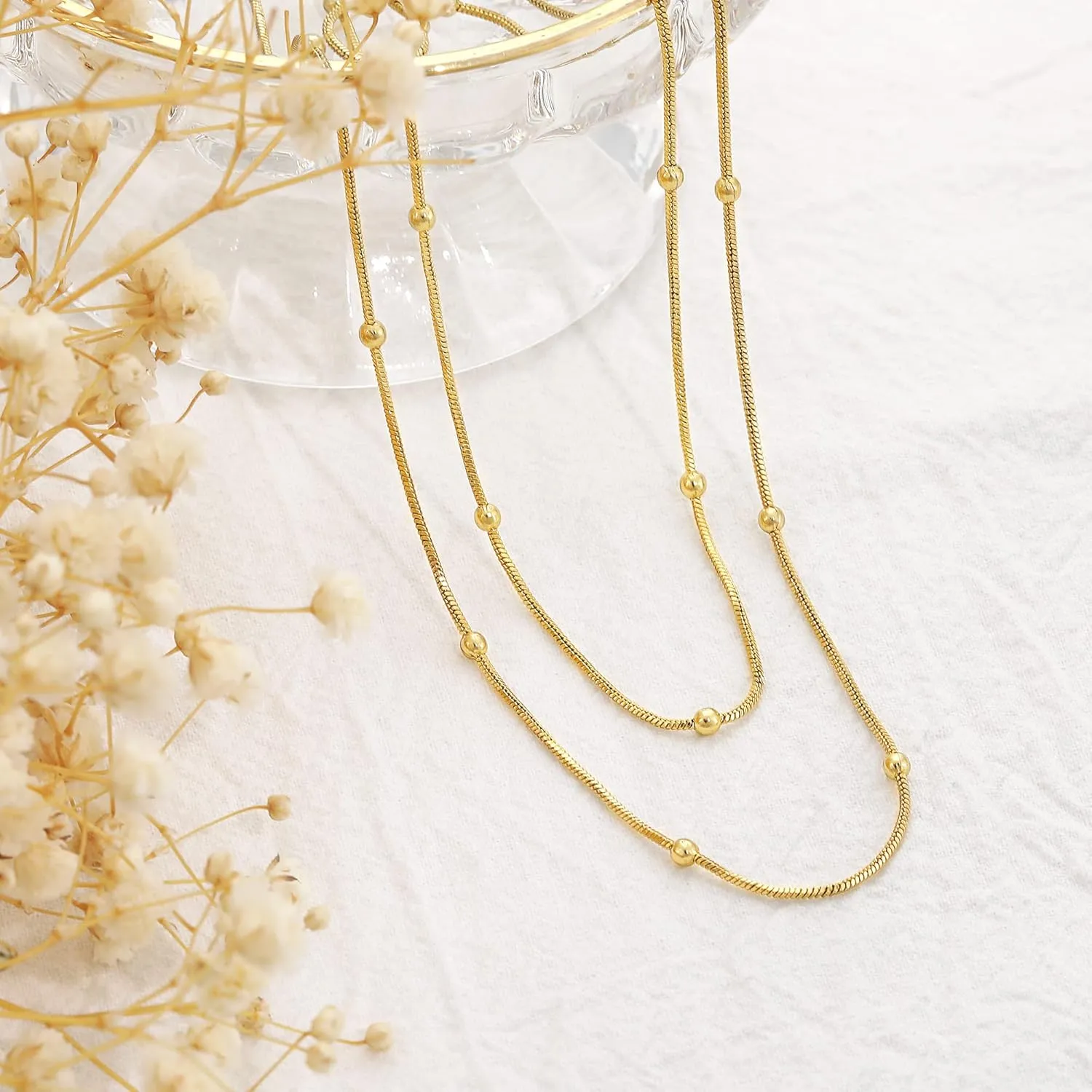 CHESKY Dainty Gold Necklace for Women, Trendy 14k Gold Plated/Sterling Silver Satellite Choker Necklace Thin Beaded Layered Choker Necklaces Discs Paperclip Chain Necklaces Womens Simple Jewelry Gift