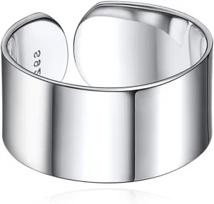 ChicSilver Customizable 925 Sterling Silver Rings for Women Mens High Polished Plain Dome Engagement Band Adjustable Flat Wide Cuff Ring, Width 5/10/15MM (with Gift Box)