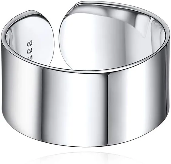 ChicSilver Customizable 925 Sterling Silver Rings for Women Mens High Polished Plain Dome Engagement Band Adjustable Flat Wide Cuff Ring, Width 5/10/15MM (with Gift Box)