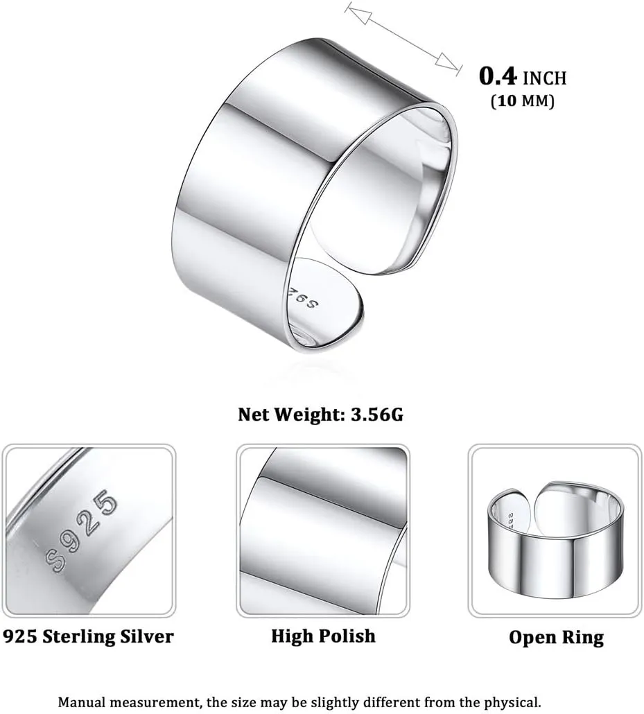 ChicSilver Customizable 925 Sterling Silver Rings for Women Mens High Polished Plain Dome Engagement Band Adjustable Flat Wide Cuff Ring, Width 5/10/15MM (with Gift Box)
