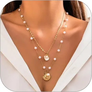 Choistily Seashell Necklace for Women Shell Charm Necklace Gold Starfish Beaded Necklace Beach Essentials Trendy Necklaces for Women Summer Jewelry Gifts for Women