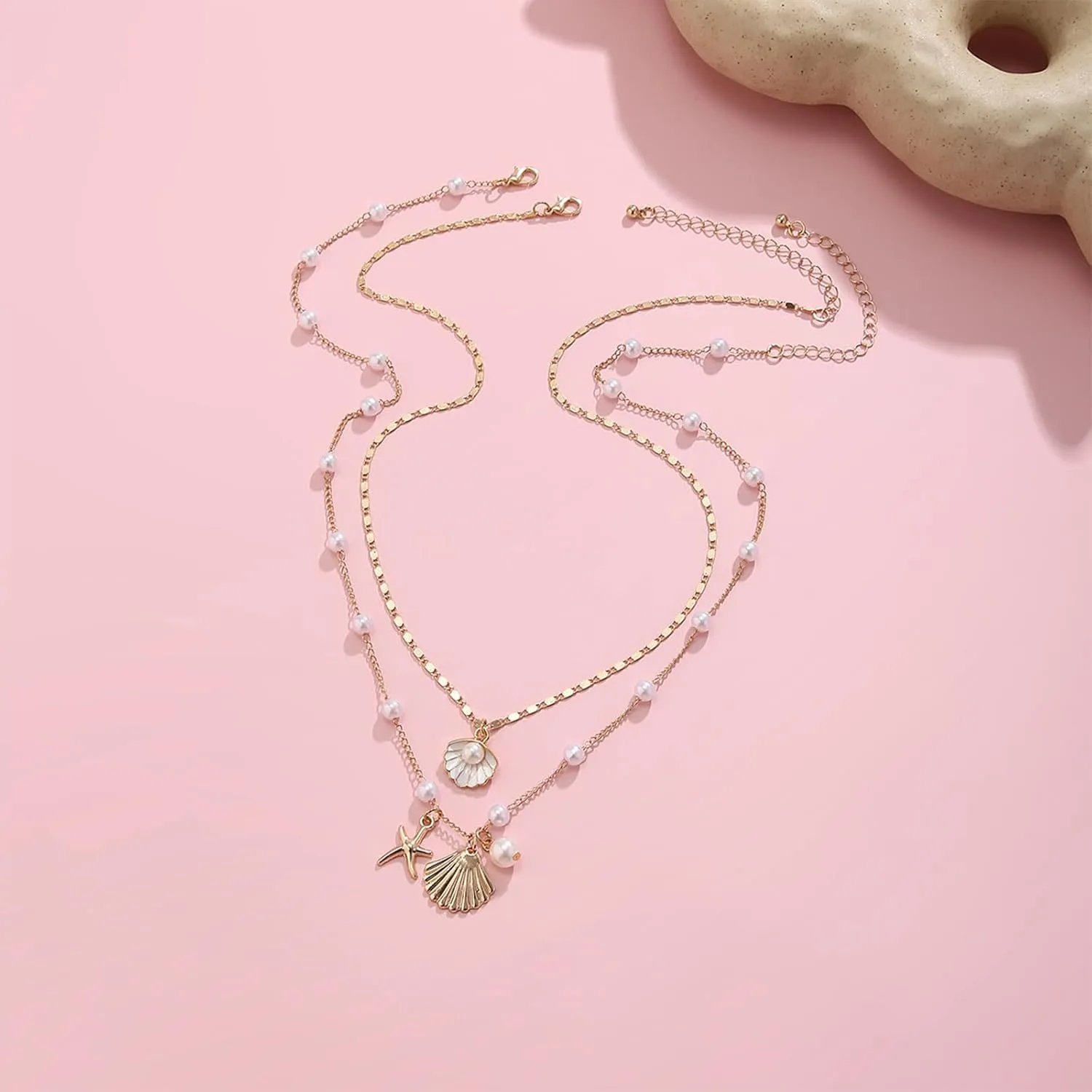 Choistily Seashell Necklace for Women Shell Charm Necklace Gold Starfish Beaded Necklace Beach Essentials Trendy Necklaces for Women Summer Jewelry Gifts for Women