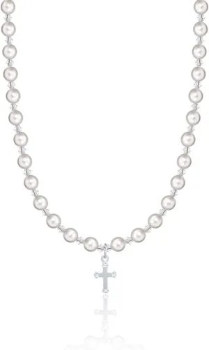 Christening Sterling Silver Child Necklace with Cross Charm and White European Simulated Pearls and Crystals (NCRSE)