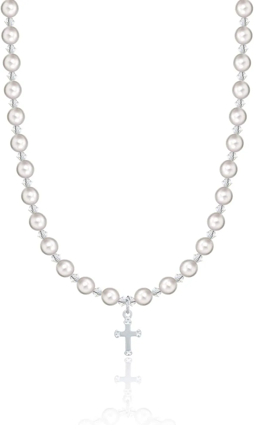 Christening Sterling Silver Child Necklace with Cross Charm and White European Simulated Pearls and Crystals (NCRSE)
