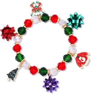 Christmas Bracelets for Women Xmas Jingle Bell Tree Reindeer Snowman Charms Bracelet Beaded Stretch Bracelets Holiday Gifts