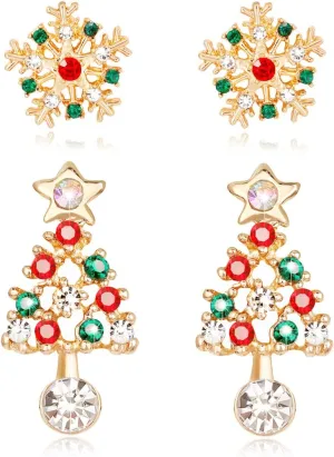 Christmas Earrings Studs Hypoallergenic Christmas Tree Snowflake Stud Earrings Winter Holiday Colorful Crystal Xmas Thanksgiving Festive Jewelry Gift for Women Girls