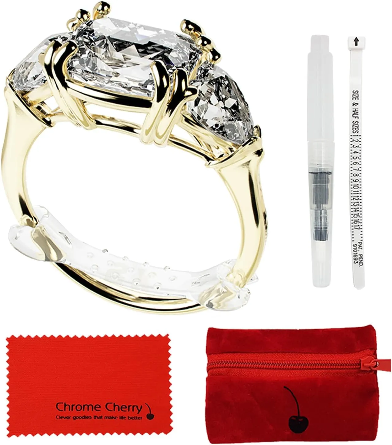 Chrome Cherry Ringo, Invisible Ring Size Adjuster for Loose Rings with 6 Sizes, Clear Ring Band Sizer Guard