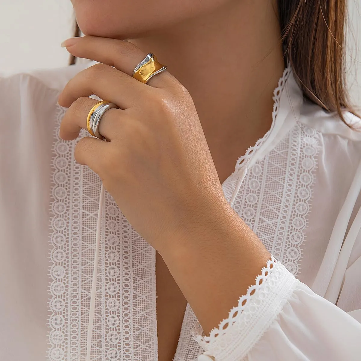 Chunky Gold & Silver Rings Set - Adjustable Thick Statement Rings for Women