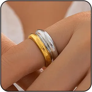 Chunky Gold & Silver Rings Set - Adjustable Thick Statement Rings for Women