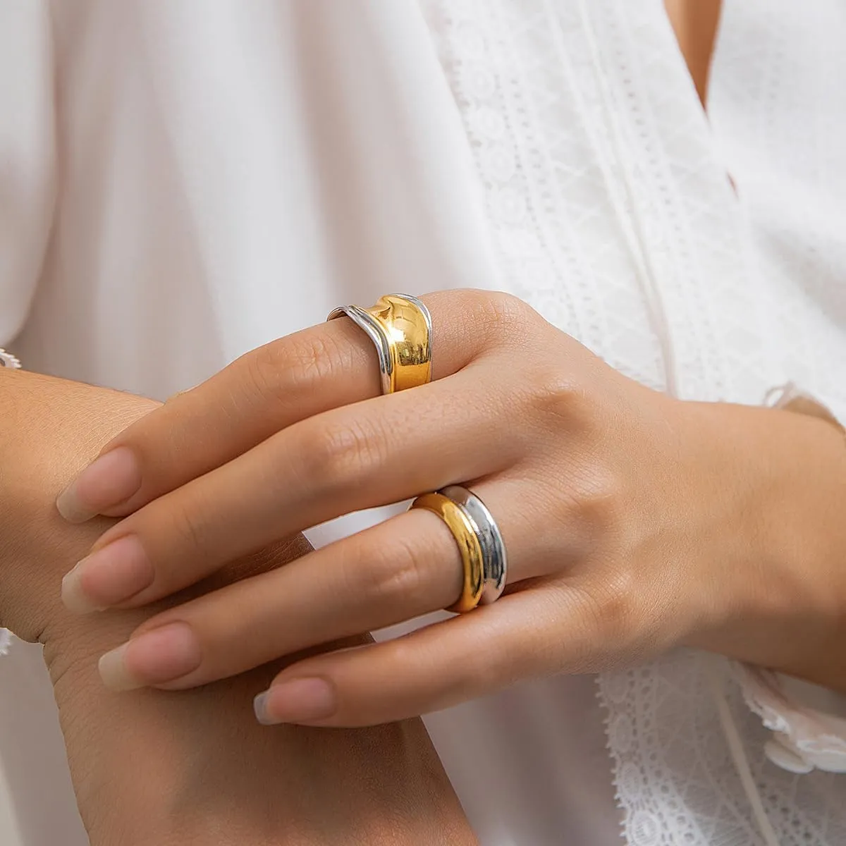 Chunky Gold & Silver Rings Set - Adjustable Thick Statement Rings for Women