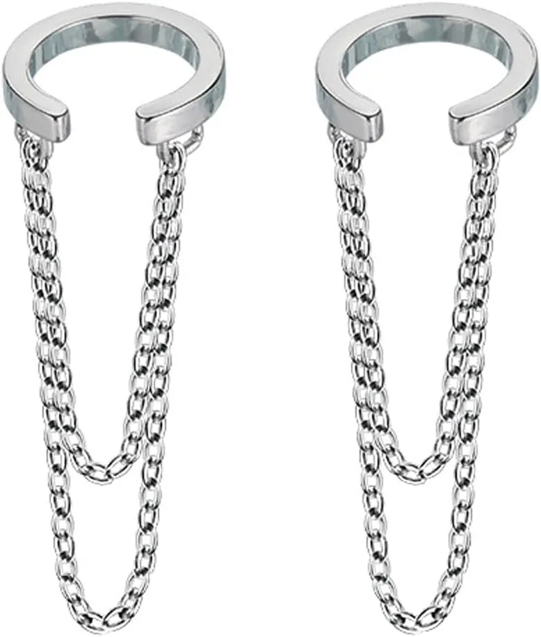 Chunky Silver Chain Cuff Earrings for Women Double Chains Non Piercing Earrings Statement Cartilage Wrap Earrings Prom Ear Jewelry Accessories