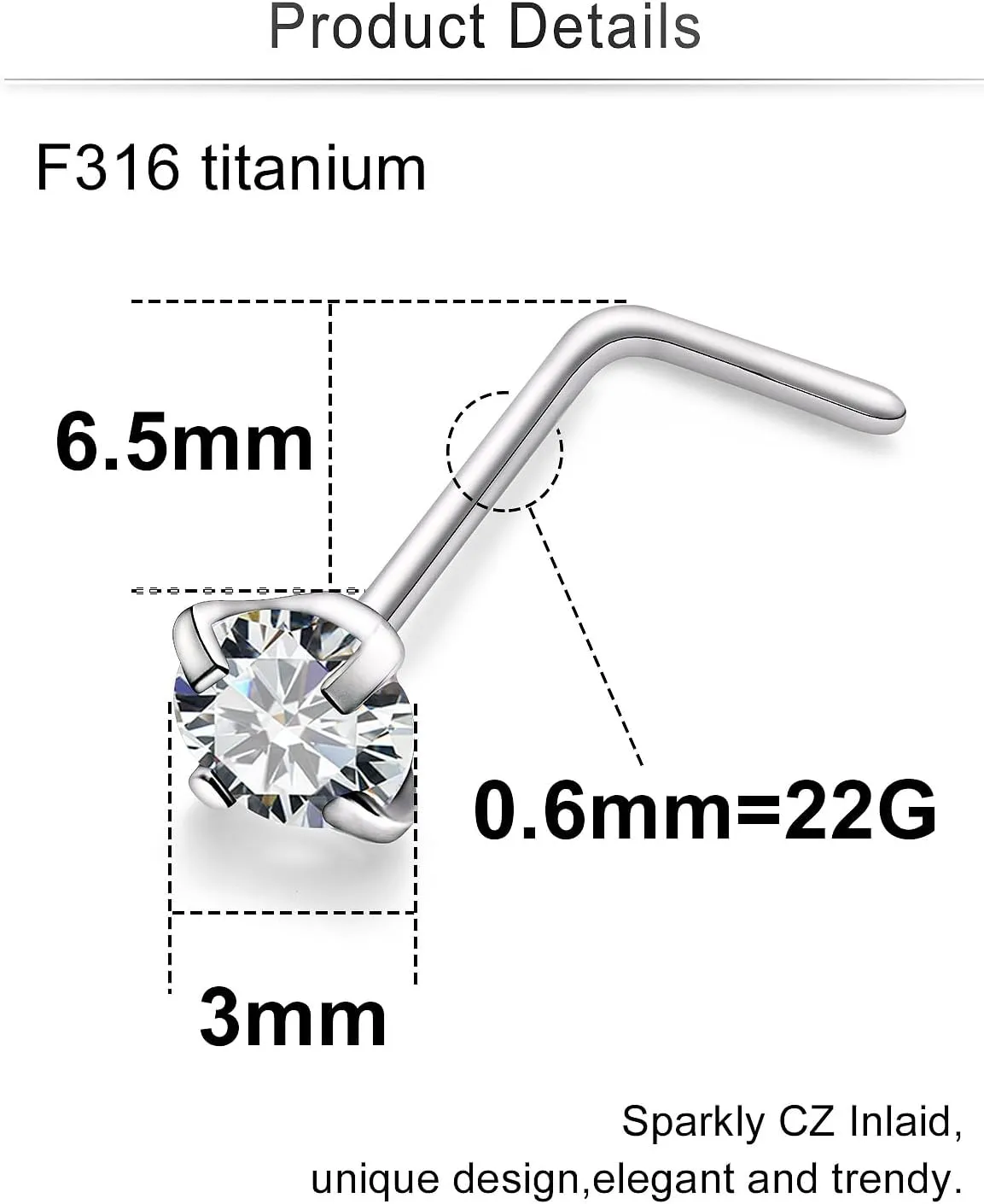 Cisyozi 22G 20G 18G Titanium Nose Rings Hypoallergenic L Shaped Nose Rings Studs CZ Nose Rings Piercings Jewelry for Women Men