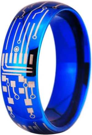 CLOUD DANCER Computer Circuit Pattern Ring - 8mm Width Blue Dome Tungsten Carbide Ring Wedding Ring and Engagement ring-Free Engraving Inside