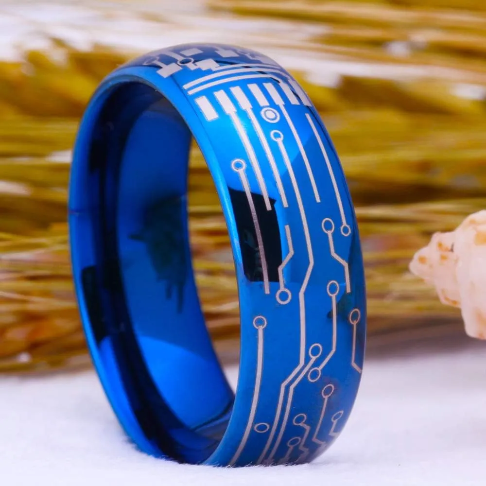 CLOUD DANCER Computer Circuit Pattern Ring - 8mm Width Blue Dome Tungsten Carbide Ring Wedding Ring and Engagement ring-Free Engraving Inside