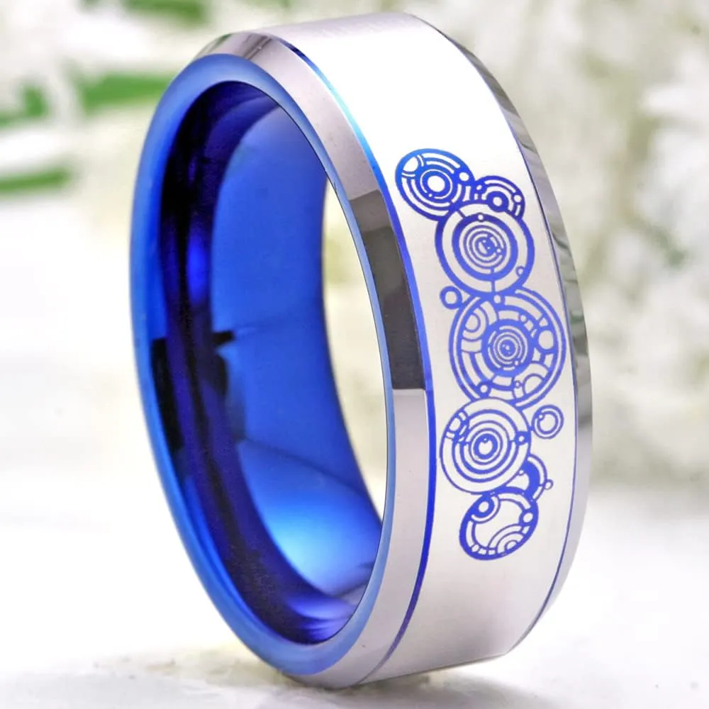 CLOUD DANCER Doctor Who Brand Tungsten Carbide Ring 8mm Width Blue with Silver Edge Ring for Wedding - Free Customized Engraving