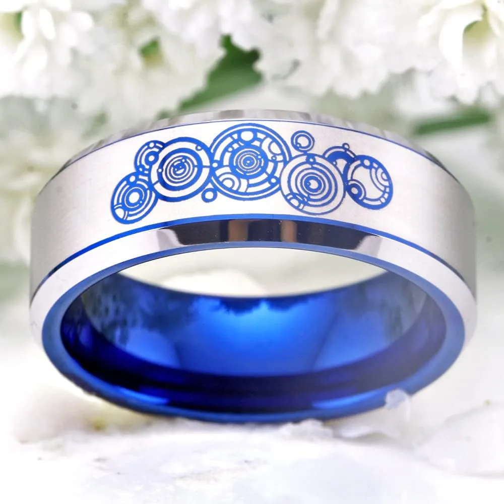 CLOUD DANCER Doctor Who Brand Tungsten Carbide Ring 8mm Width Blue with Silver Edge Ring for Wedding - Free Customized Engraving