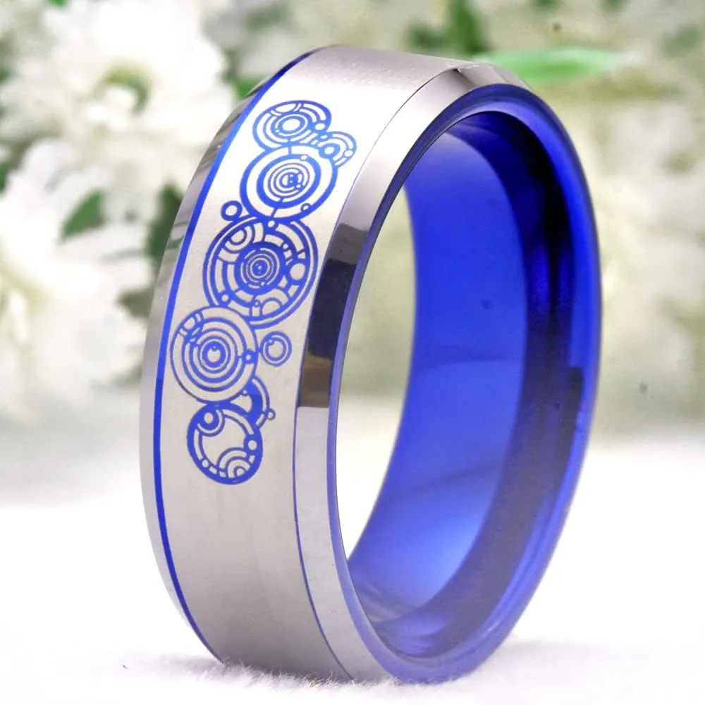 CLOUD DANCER Doctor Who Brand Tungsten Carbide Ring 8mm Width Blue with Silver Edge Ring for Wedding - Free Customized Engraving