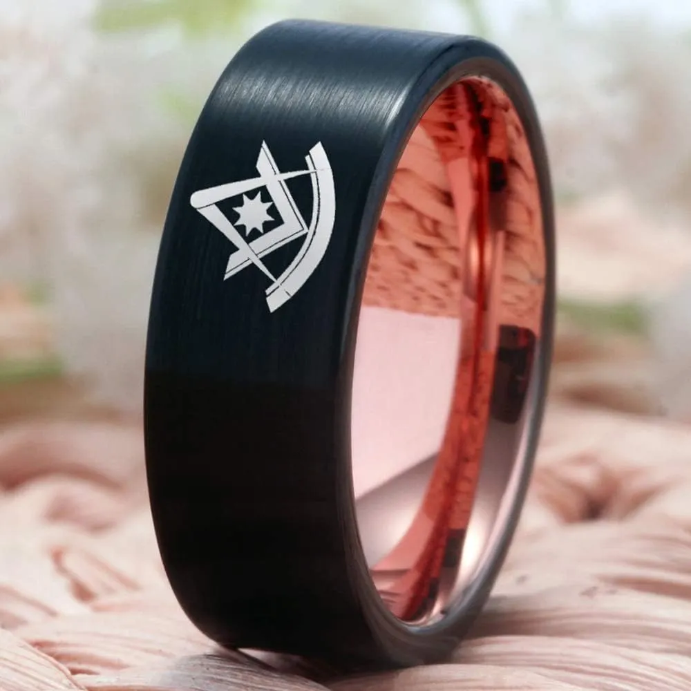 CLOUD DANCER Mason Past Master Symbol Design Rings 8mm Black Pipe Brushed and Rose Gold Tone Tungsten Carbide Wedding Ring-Free Customize Engraving