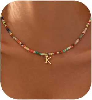 Colorful Initial Necklaces for Women, 14k Gold Plated Summer Initial Necklace Cute Beach Letter Necklace Personalized Gold Necklaces for Women Trendy Preppy Gold Jewelry for Womens