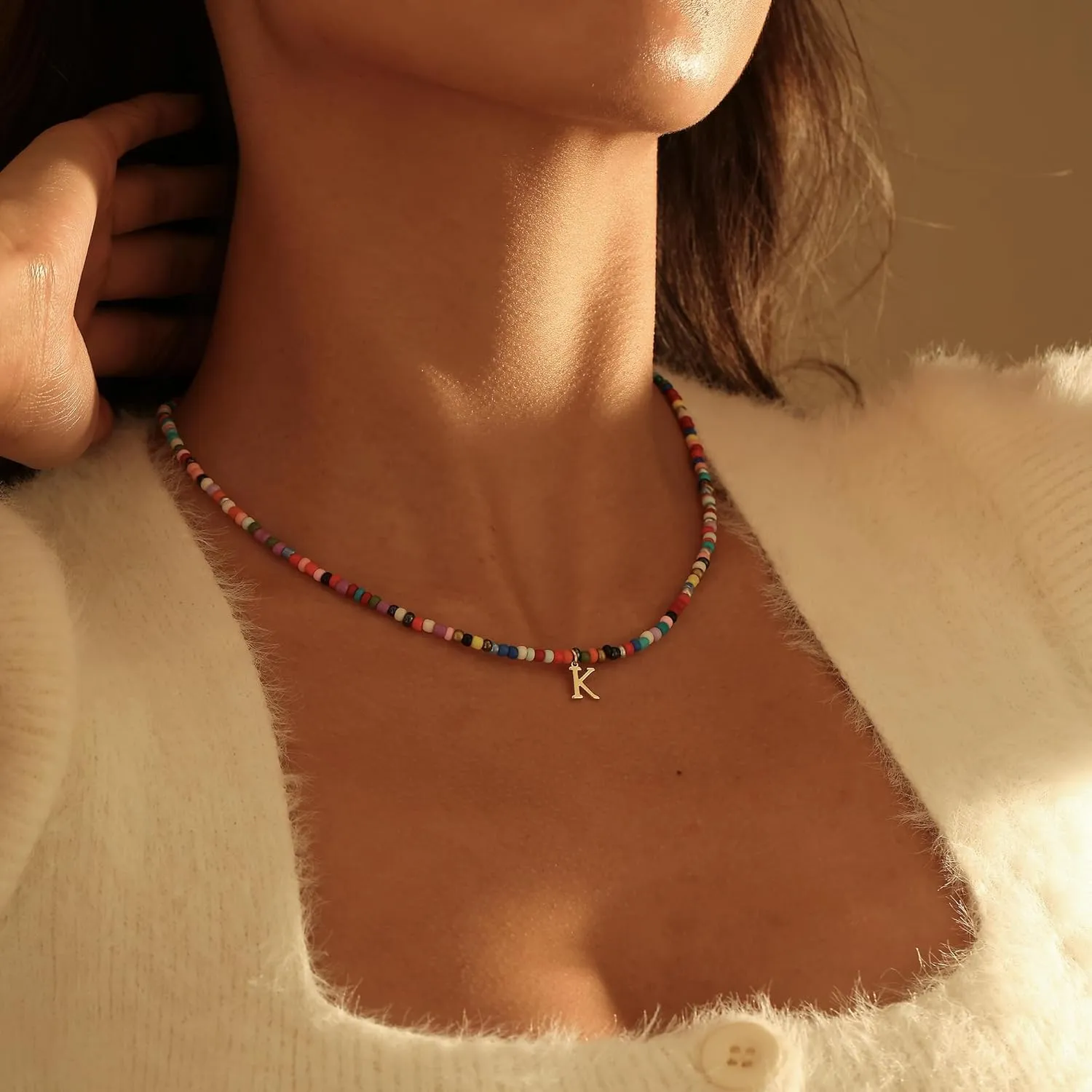 Colorful Initial Necklaces for Women, 14k Gold Plated Summer Initial Necklace Cute Beach Letter Necklace Personalized Gold Necklaces for Women Trendy Preppy Gold Jewelry for Womens