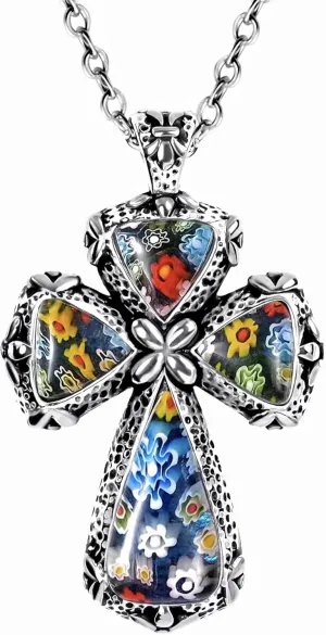 Colorful Rainbow Cross Necklace for Women Men Black Oxidsized Murano Style Millefiori Glass Flower Stainless Steel Chain Size 20" Catholic Faith Christian Jewelry Religious Birthday Gifts for Her