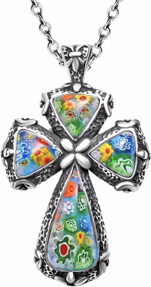 Colorful Rainbow Cross Necklace for Women Men Black Oxidsized Murano Style Millefiori Glass Flower Stainless Steel Chain Size 20" Catholic Faith Christian Jewelry Religious Birthday Gifts for Her