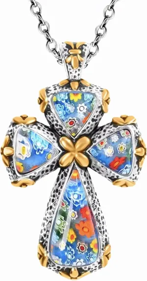 Colorful Rainbow Cross Necklace for Women Men Black Oxidsized Murano Style Millefiori Glass Flower Stainless Steel Chain Size 20" Catholic Faith Christian Jewelry Religious Birthday Gifts for Her