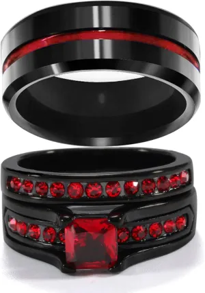 Couple Rings His Her Wedding Ring Sets Matching Rings Purple CZ Black Rings Titanium Men Ring
