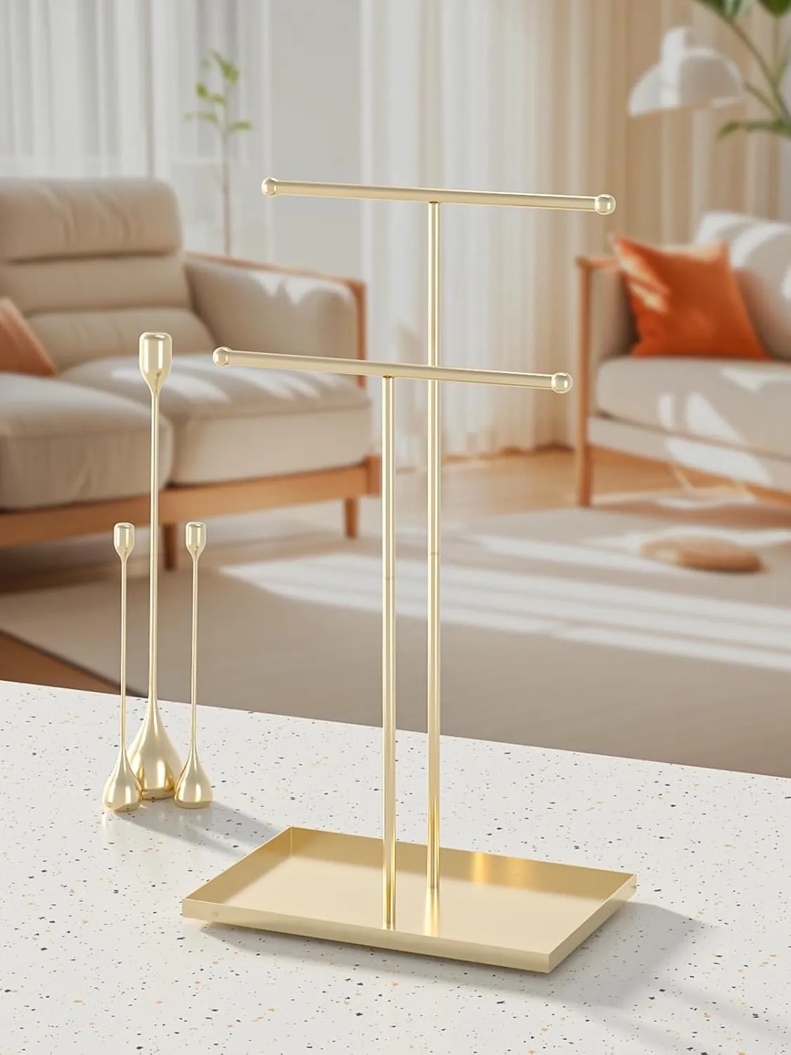 Coward 2 Tier Necklace Stand, Aesthetic Necklace Jewelry Holder, Home Decor Necklace Organizer Stand, Metal Necklace Bracelet Display Rack for Men Women (Gold)