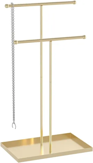 Coward 2 Tier Necklace Stand, Aesthetic Necklace Jewelry Holder, Home Decor Necklace Organizer Stand, Metal Necklace Bracelet Display Rack for Men Women (Gold)