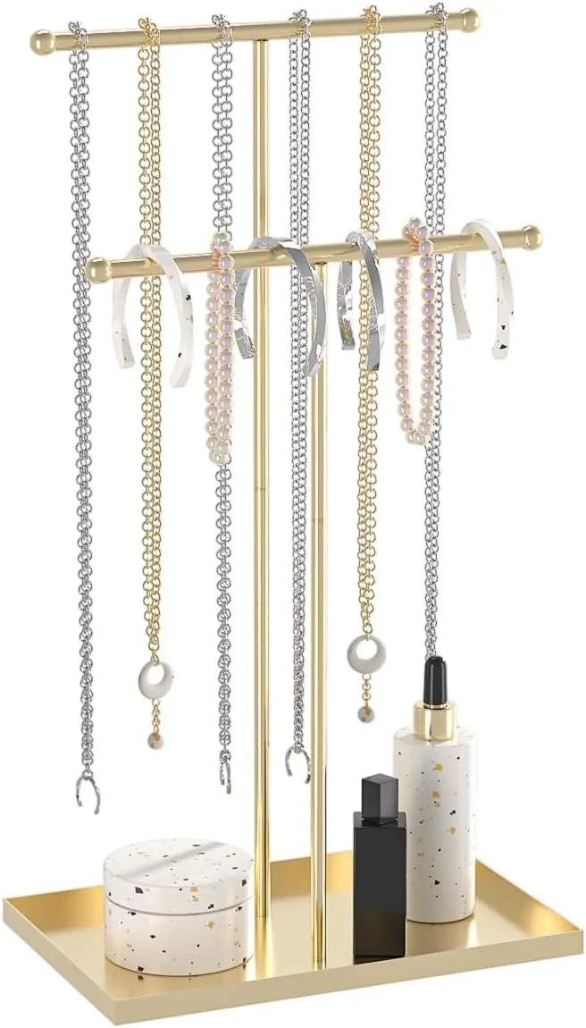 Coward 2 Tier Necklace Stand, Aesthetic Necklace Jewelry Holder, Home Decor Necklace Organizer Stand, Metal Necklace Bracelet Display Rack for Men Women (Gold)