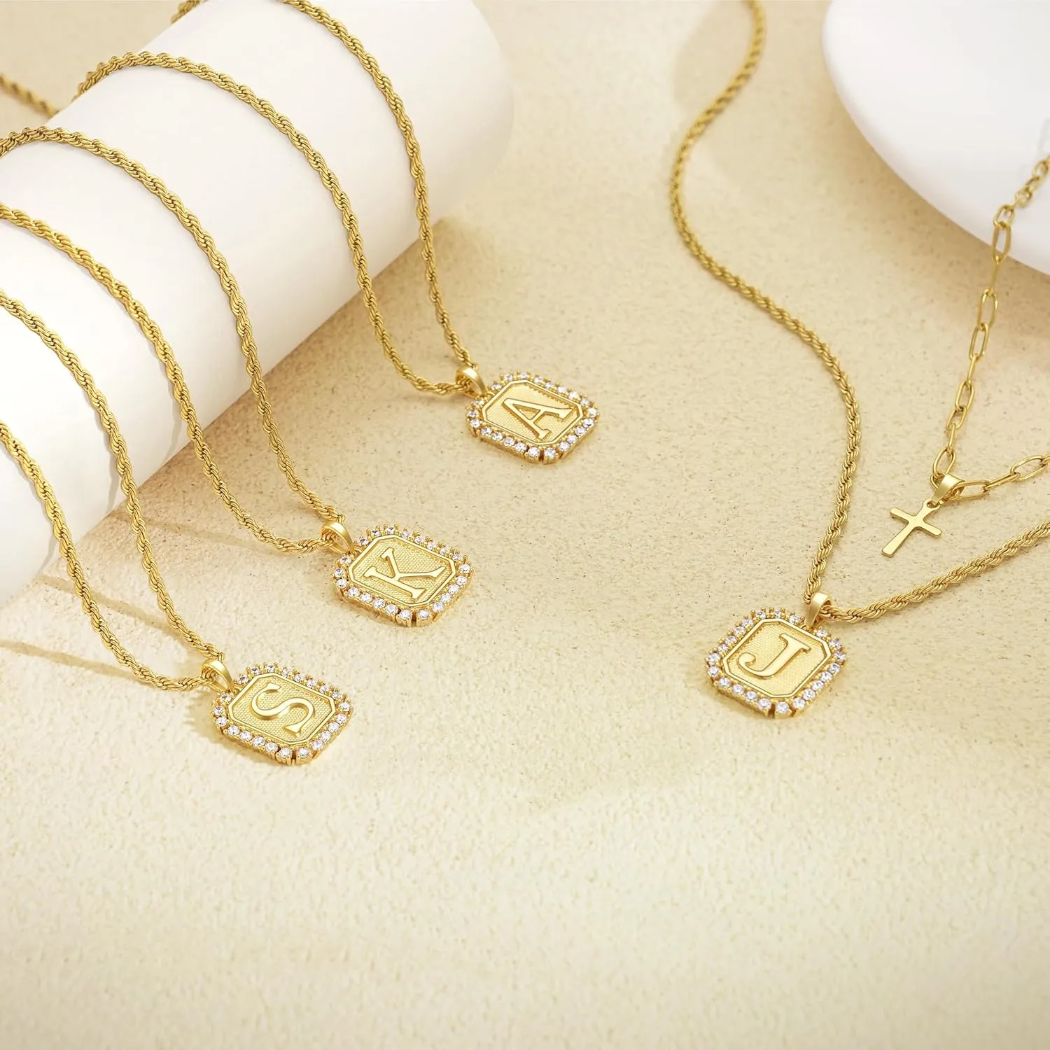Cross Necklace for Women Layered Gold Necklaces Square Initial Pendant Layering Rope Chain Birthday Gifts for Teen Girls
