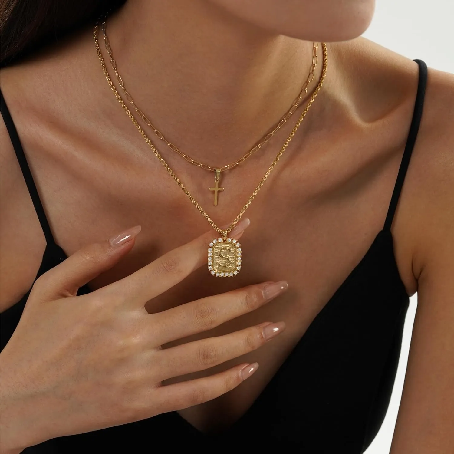 Cross Necklace for Women Layered Gold Necklaces Square Initial Pendant Layering Rope Chain Birthday Gifts for Teen Girls