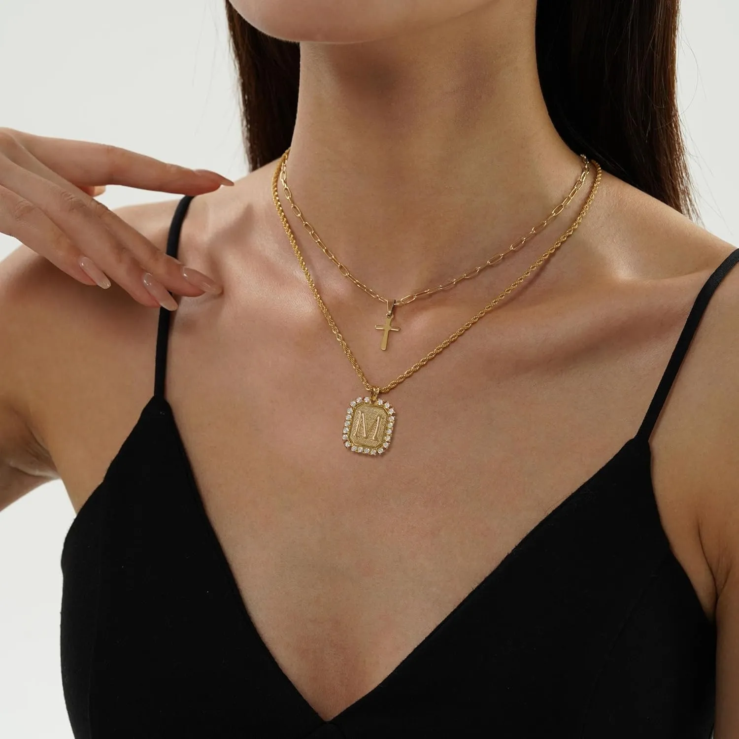 Cross Necklace for Women Layered Gold Necklaces Square Initial Pendant Layering Rope Chain Birthday Gifts for Teen Girls