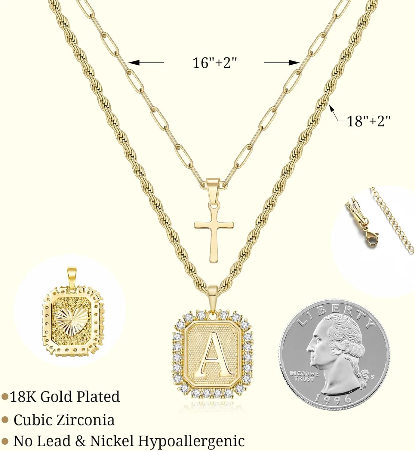 Cross Necklace for Women Layered Gold Necklaces Square Initial Pendant Layering Rope Chain Birthday Gifts for Teen Girls