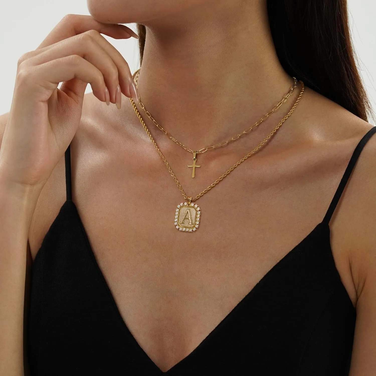 Cross Necklace for Women Layered Gold Necklaces Square Initial Pendant Layering Rope Chain Birthday Gifts for Teen Girls