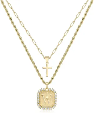 Cross Necklace for Women Layered Gold Necklaces Square Initial Pendant Layering Rope Chain Birthday Gifts for Teen Girls
