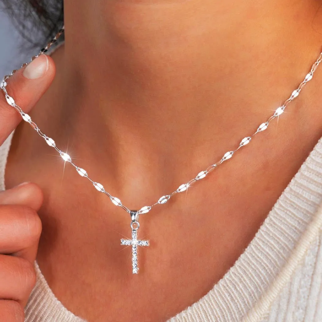 Cross Necklace for Women Rhinestone Tiny Cross Gold Necklace Simple Sterling Silver Plated Pendant Necklaces Trendy Jewelry Gifts