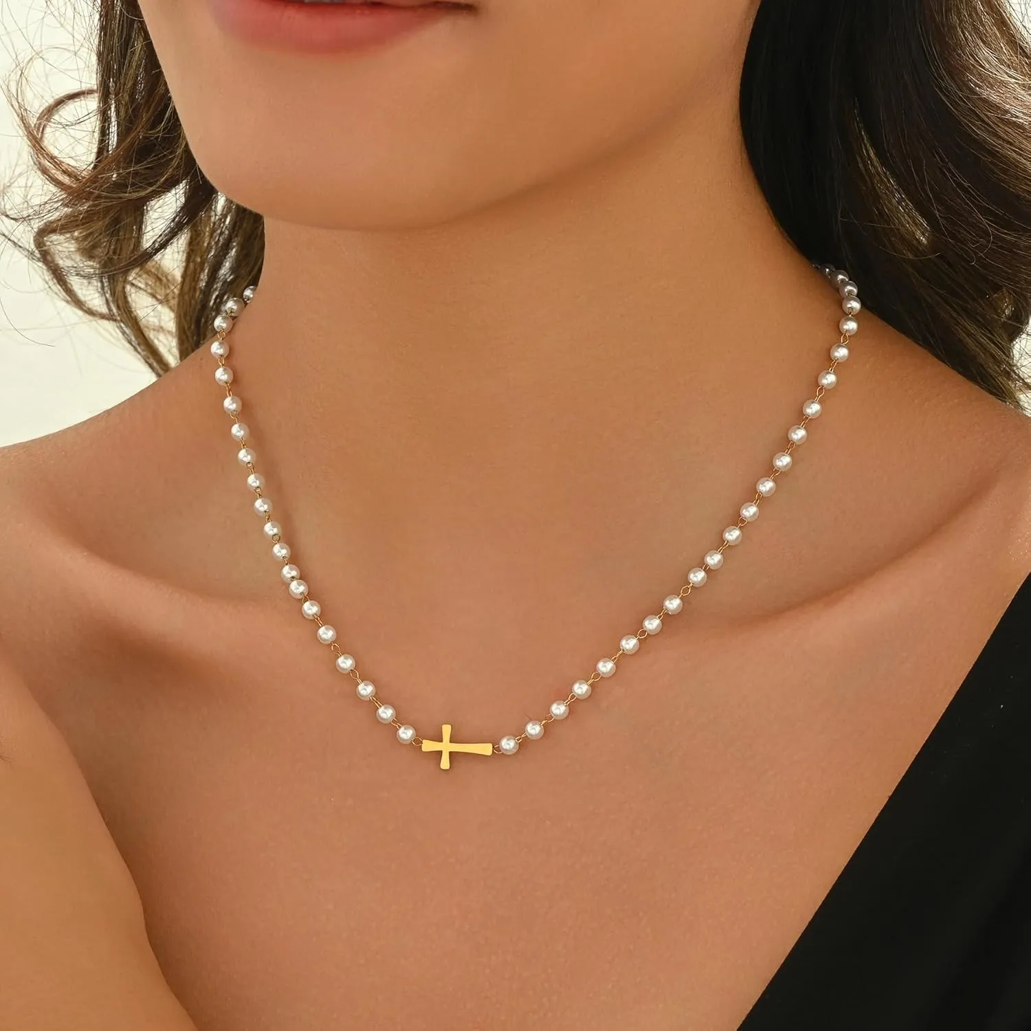 Cross Pendant Necklace for Women 18K Gold Plated Cubic Zirconia Diamond Pearl Beaded Cross Choker Necklaces Faith Religious Jewelry Gifts