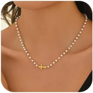 Cross Pendant Necklace for Women 18K Gold Plated Cubic Zirconia Diamond Pearl Beaded Cross Choker Necklaces Faith Religious Jewelry Gifts